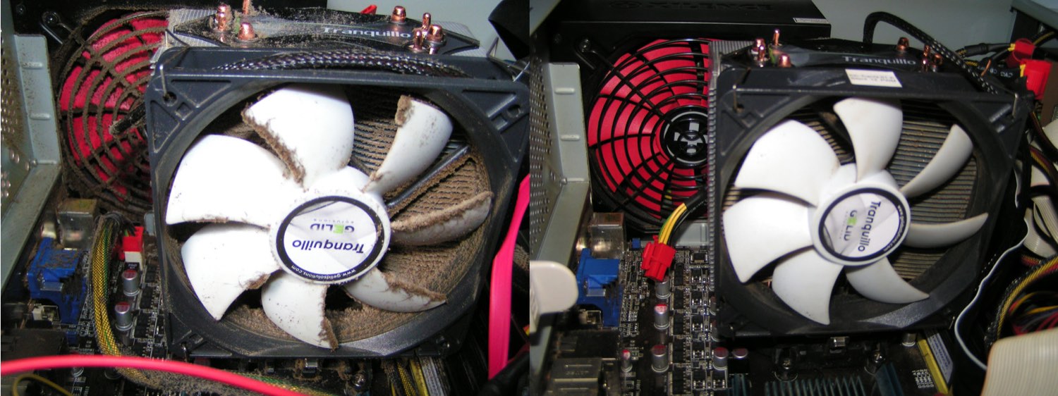 CPU-Kühler eines PCs vor der Reinigung stark verstaubt, daneben derselbe Kühler nach der Reinigung durch TWS Promotion